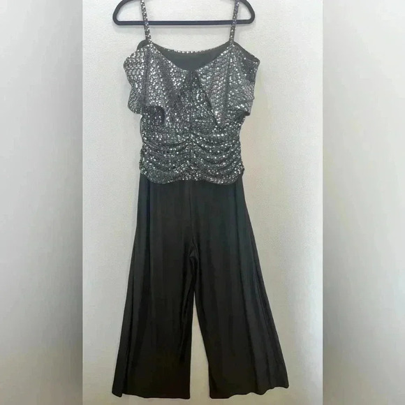 R&M Richards 1Pc Cold Shoulder Ruched Bodice sequined Jumpsuit occasion outfit - Picture 2 of 10